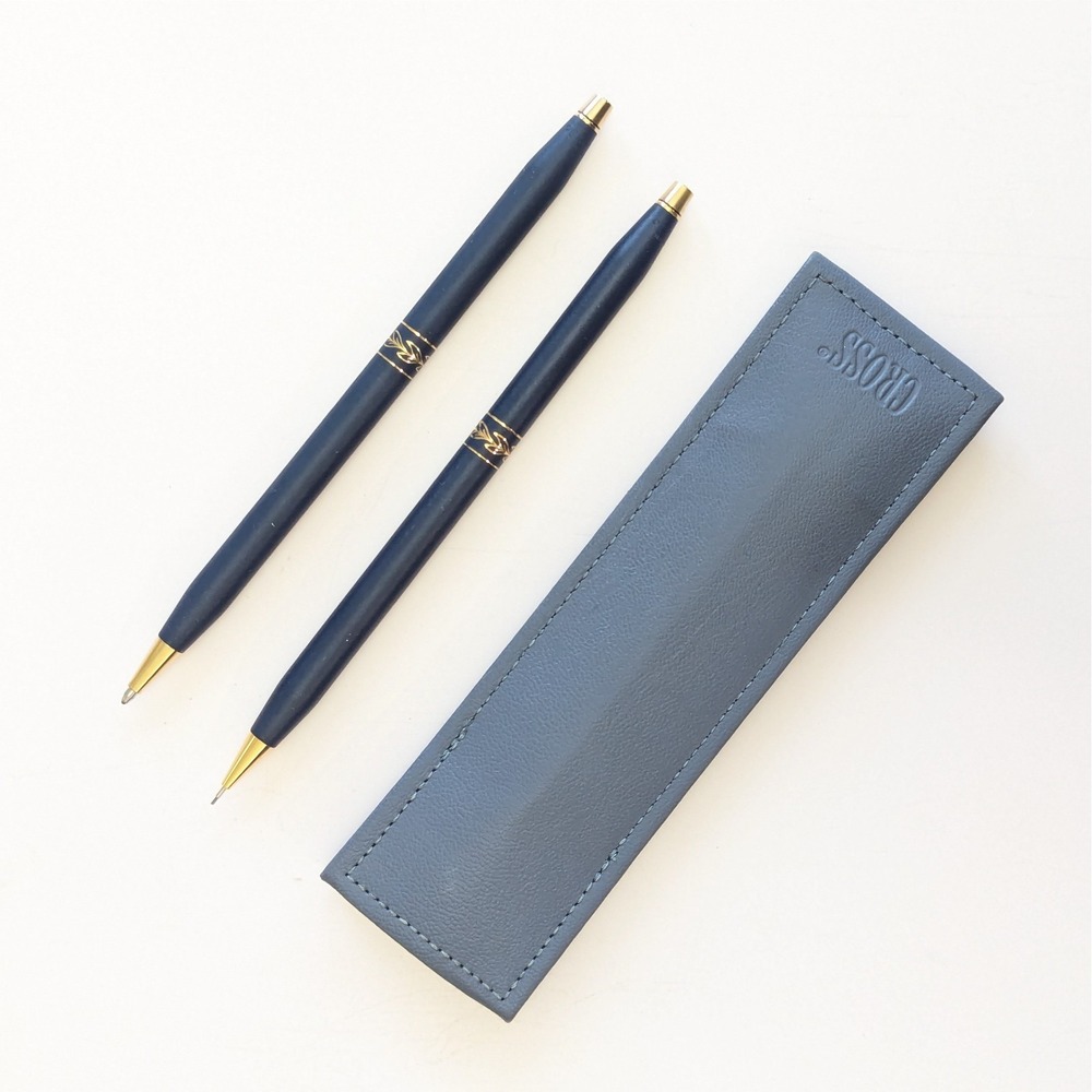 Cross Ladies Matte Blue & Gold Pen & Pencil Set w/Pouch Sleeve 244105 Vintage